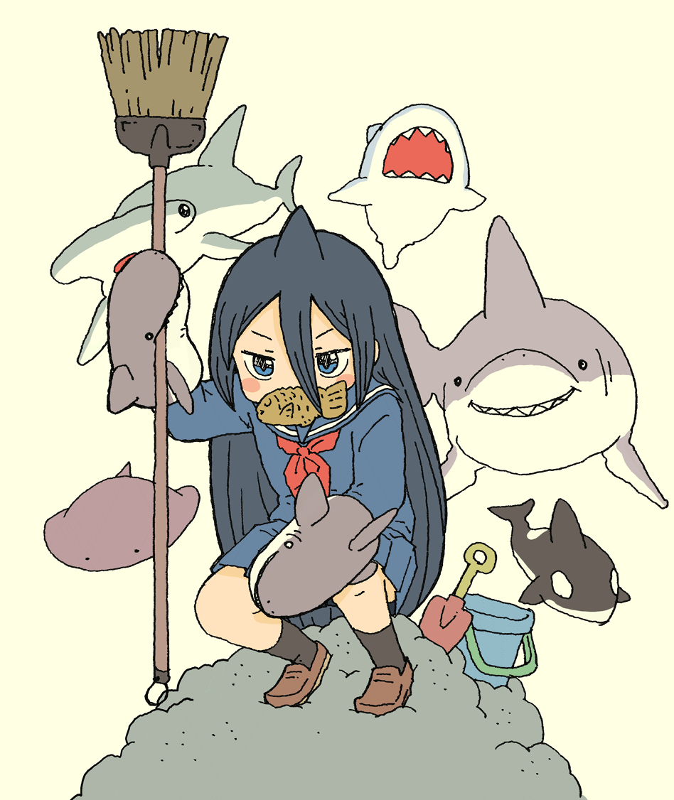 1girl, black_hair, black_socks, blue_eyes, blue_sailor_collar, blue_serafuku, blue_shirt, blue_skirt