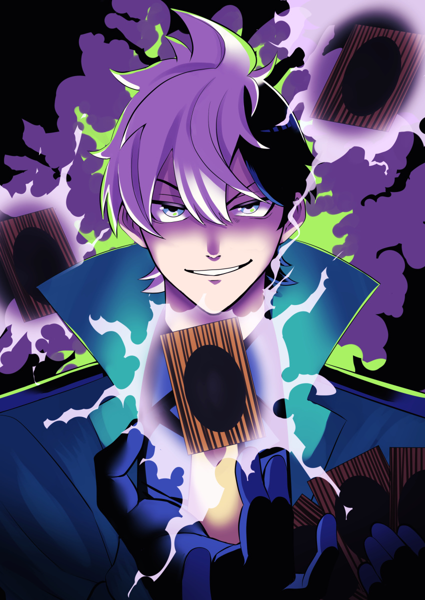 1boy, absurdres, aqua_coat, aura, black_gloves, black_hair, blue_eyes, choujou_meguru