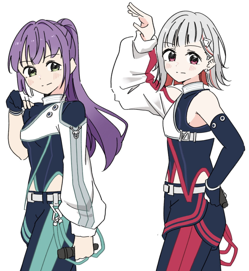 2girls, aqua_pants, arm_at_side, black_gloves, black_pants, black_shirt, blush, closed_mouth