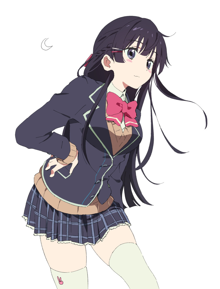 1girl, arm_at_side, black_cardigan, black_hair, blunt_bangs, blunt_ends, bow, bowtie, breasts, brown_sweater_vest, buttons, cardigan, collared_shirt, cowboy_shot, grey_eyes, hair_behind_ear, hair_ornament, hairclip, half_up_braid, hand_on_own_hip, highres, lace-trimmed_skirt, lace_trim, lapels, layered_clothes, layered_sleeves, leaning_forward, light_blush, light_smile, long_hair, looking_ahead, medium_breasts, miniskirt, nirvanarhat, original, pink_bow, pink_bowtie, plaid_clothes, plaid_skirt, pleated_skirt, school_uniform, shirt, skirt, solo, sweater_vest, thigh-highs, three_quarter_view, unkempt, very_long_hair, white_shirt, white_thighhighs, white_trim, wind, wing_collar, zettai_ryouiki