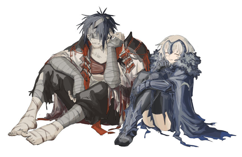 1boy, 1girl, armor, bandage_over_one_eye, bandaged_head, bandages, barefoot, black_armor