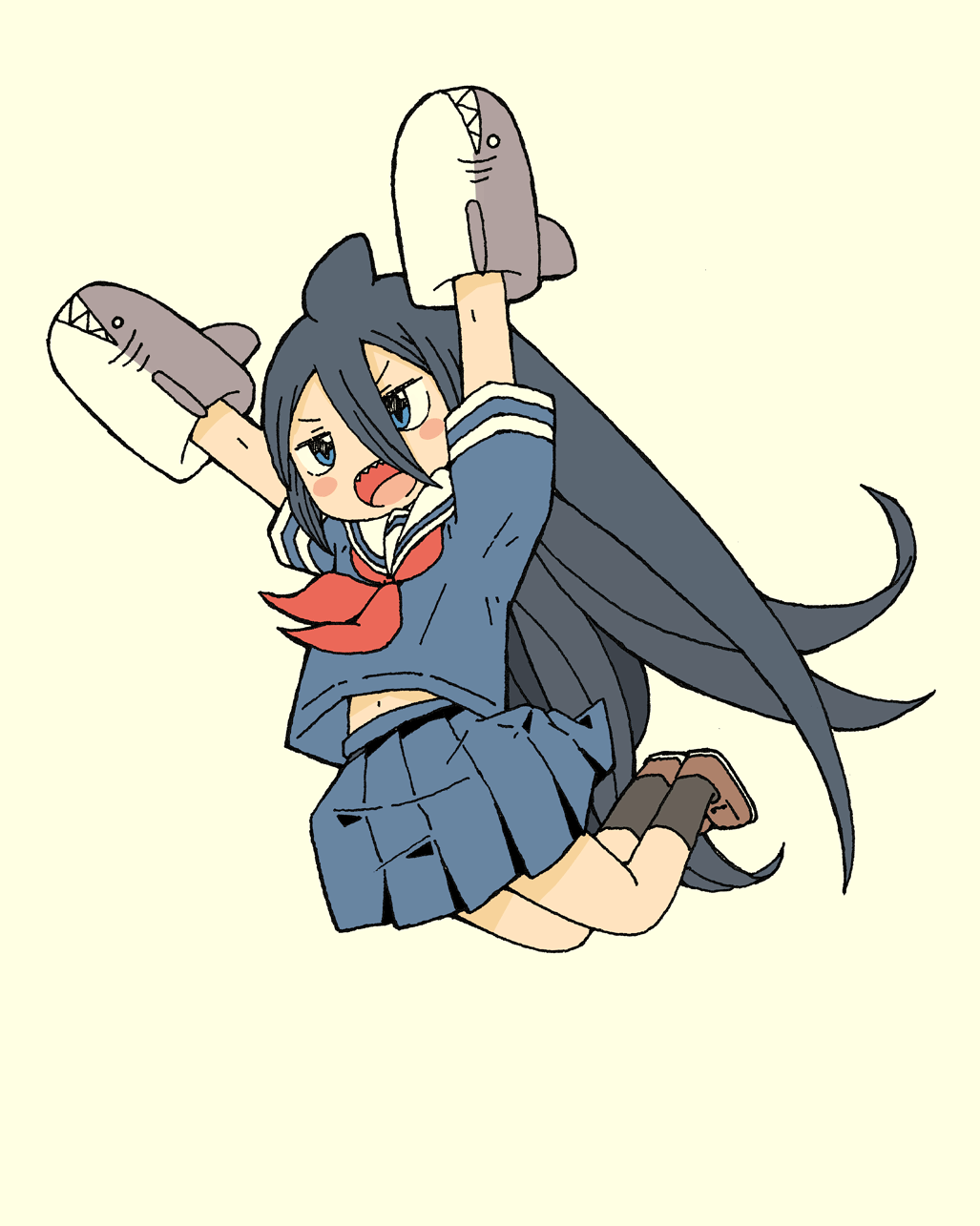 1girl, arms_up, black_hair, black_socks, blue_eyes, blue_serafuku, blue_shirt, blue_skirt