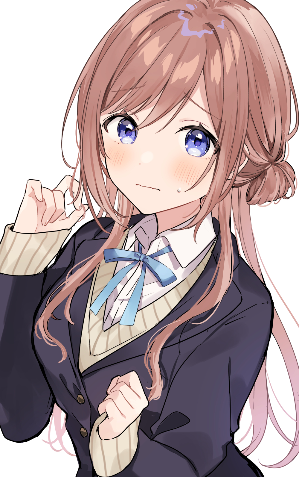 1girl, 6crcg, blazer, blue_eyes, blue_jacket, blue_ribbon, blush, breasts, brown_hair, commentary_request, gakuen_idolmaster, hair_bun, highres, himesaki_rinami, idolmaster, jacket, long_hair, long_sleeves, looking_at_viewer, medium_breasts, neck_ribbon, ribbon, shirt, simple_background, single_side_bun, solo, sweatdrop, sweater, upper_body, very_long_hair, white_background, white_shirt, yellow_sweater