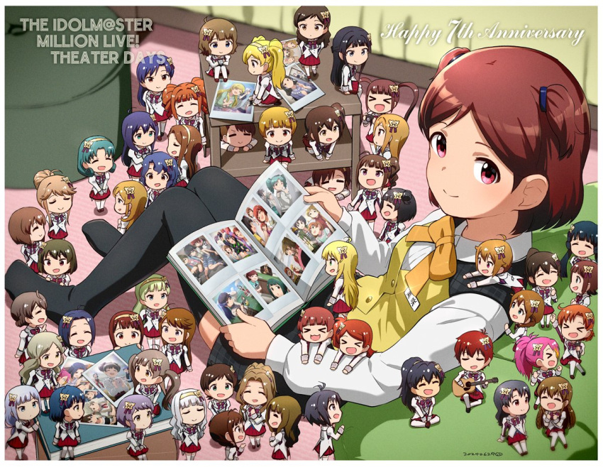 >_<, 6+girls, ahoge, akizuki_ritsuko, amami_haruka, anniversary, antenna_hair, aoba_misaki, arm_at_side, arm_up, arms_at_sides, baba_konomi, bean_bag_chair, bed, bedroom, birthday, black_hair, black_thighhighs, blonde_hair, blue_eyes, blue_hair, blunt_bangs, blush, book, bow, bowtie, braid, breasts, brown_eyes, brown_hair, buttons, camera, character_name, chibi, child, closed_eyes, closed_mouth, collared_shirt, commentary_request, dated, dot_nose, dress_shirt, drill_hair, emily_stewart, english_text, everyone, fingernails, from_above, fukuda_noriko, futami_ami, futami_mami, ganaha_hibiki, glasses, green_eyes, green_hair, grey_hair, guitar, hagiwara_yukiho, hair_between_eyes, hair_ornament, hair_ribbon, hairband, hakozaki_serika, hand_up, handa_roco, hands_up, happy_anniversary, high_ponytail, high_side_ponytail, holding, holding_book, holding_camera, holding_guitar, holding_instrument, holding_microphone, hoshii_miki, ibuki_tsubasa, idol, idol_clothes, idolmaster, idolmaster_million_live!, idolmaster_million_live!_theater_days, indoors, instrument, jacket, julia_(idolmaster), kasuga_mirai, kikuchi_makoto, kinoshita_hinata, kisaragi_chihaya, kitakami_reika, kitazawa_shiho, knees_together_feet_apart, kousaka_umi, light_blush, long_hair, long_sleeves, looking_at_another, looking_at_viewer, looking_to_the_side, lying, maihama_ayumu, makabe_mizuki, matsuda_arisa, medium_bangs, medium_hair, microphone, minase_iori, miura_azusa, miyao_miya, mogami_shizuka, momose_rio, multicolored_bow, multicolored_bowtie, multicolored_clothes, multicolored_hair, multiple_girls, nagayoshi_subaru, nagian, nakatani_iku, name_tag, nanao_yuriko, nikaidou_chizuru, no_nose, nonohara_akane, office_lady, official_alternate_costume, ogami_tamaki, on_stomach, one_eye_closed, open_mouth, orange_hair, parted_bangs, parted_hair, parted_lips, photo_(object), pink_eyes, pink_hair, plaid_clothes, plaid_skirt, ponytail, purple_hair, red_skirt, redhead, ribbon, rug, sakuramori_kaori, satake_minako, secretary, shijou_takane, shimabara_elena, shinomiya_karen, shiraishi_tsumugi, shirt, short_bangs, short_hair, short_twintails, siblings, side_drill, side_ponytail, sidelocks, sideways_mouth, sisters, sitting, skirt, sleeve_cuffs, smile, socks, solo_focus, split_mouth, standing, starting_bloom_(idolmaster), straight_hair, suou_momoko, swept_bangs, table, takatsuki_yayoi, takayama_sayoko, tanaka_kotoha, tenkubashi_tomoka, thigh-highs, tokoro_megumi, tokugawa_matsuri, tongue, toyokawa_fuka, twin_drills, twins, twintails, two-tone_hair, undershirt, v_arms, vest, violet_eyes, wavy_hair, white_jacket, white_shirt, white_thighhighs, white_undershirt, yabuki_kana, yellow_bow, yellow_bowtie, yellow_vest, yokoyama_nao