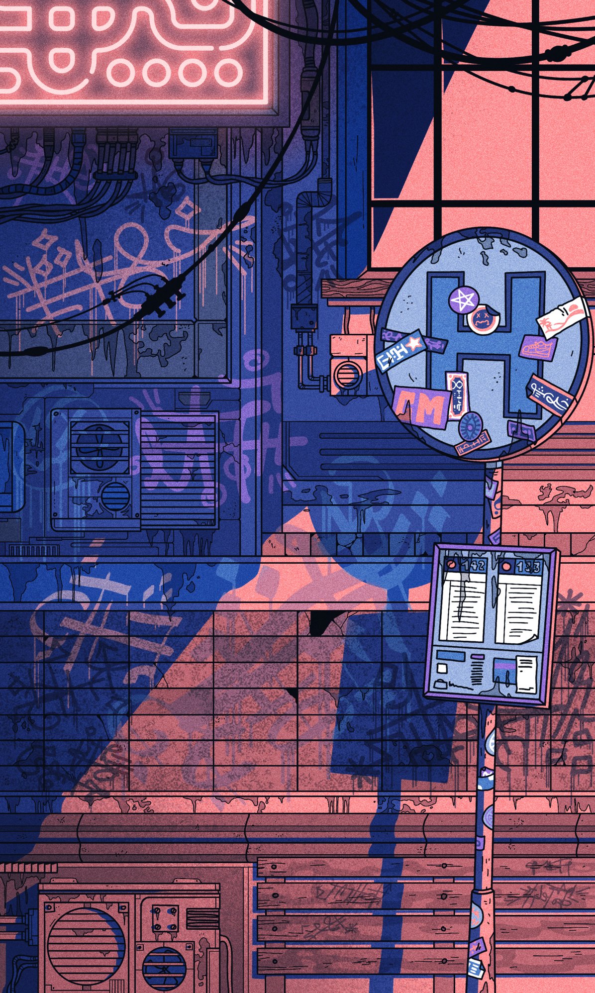 brick_wall, cable, city, condenser_unit, danaulama, evening, film_grain, graffiti