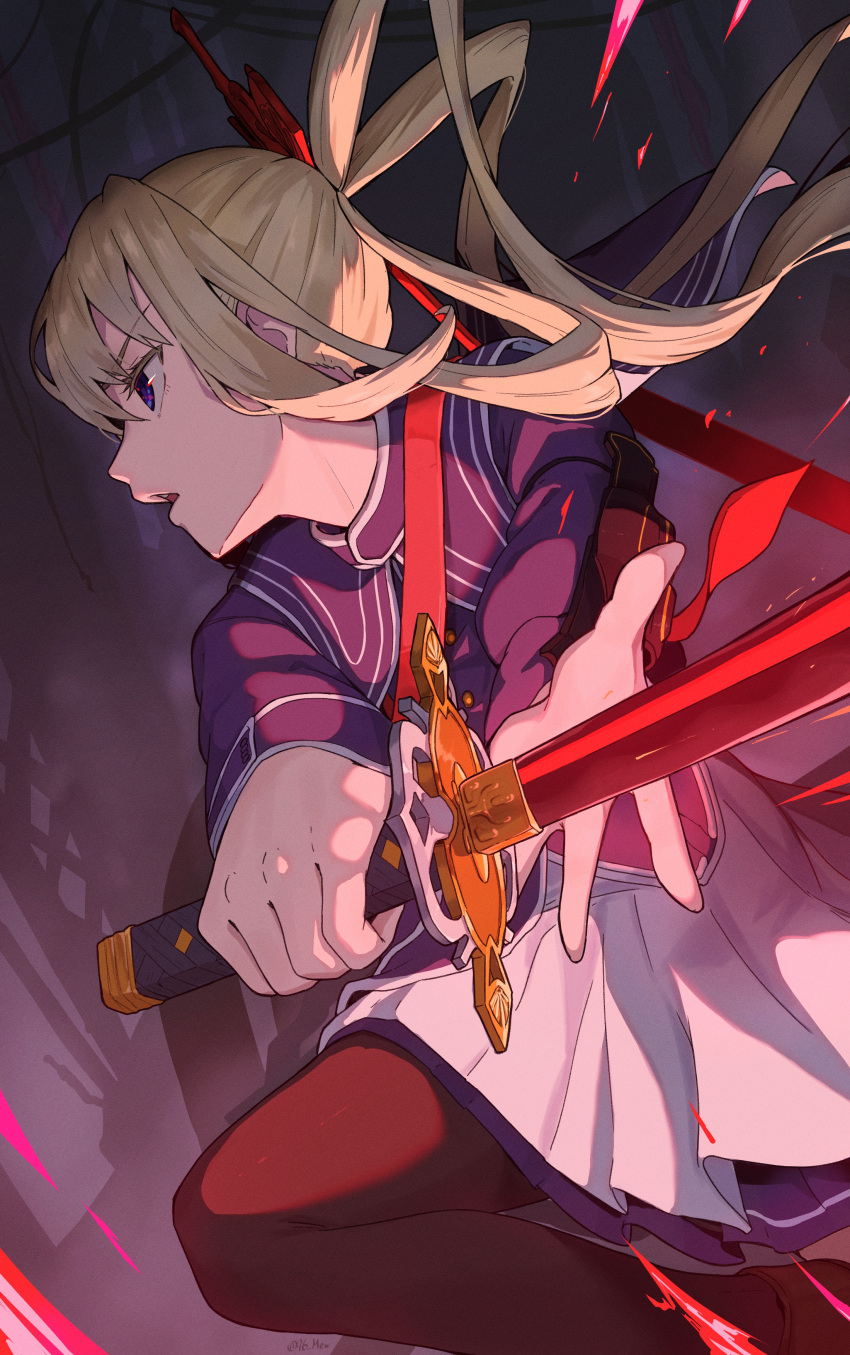 1girl, absurdres, blonde_hair, blue_eyes, blue_shirt, character_request, commentary_request, fighting_stance