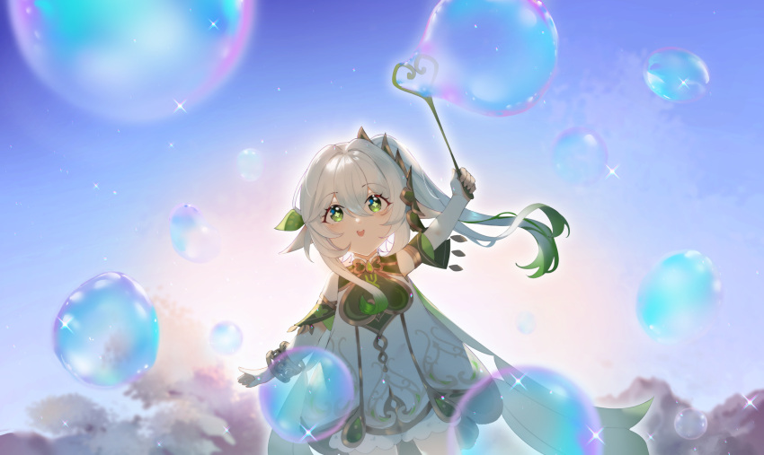 1girl, :d, arm_up, bare_shoulders, bloomers, blowing_bubbles, blue_sky, bubble