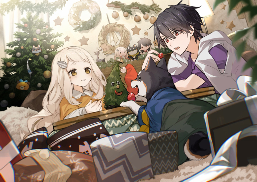 absurdres, animal, black_hair, blurry, blurry_foreground, box, character_doll, christmas_tree