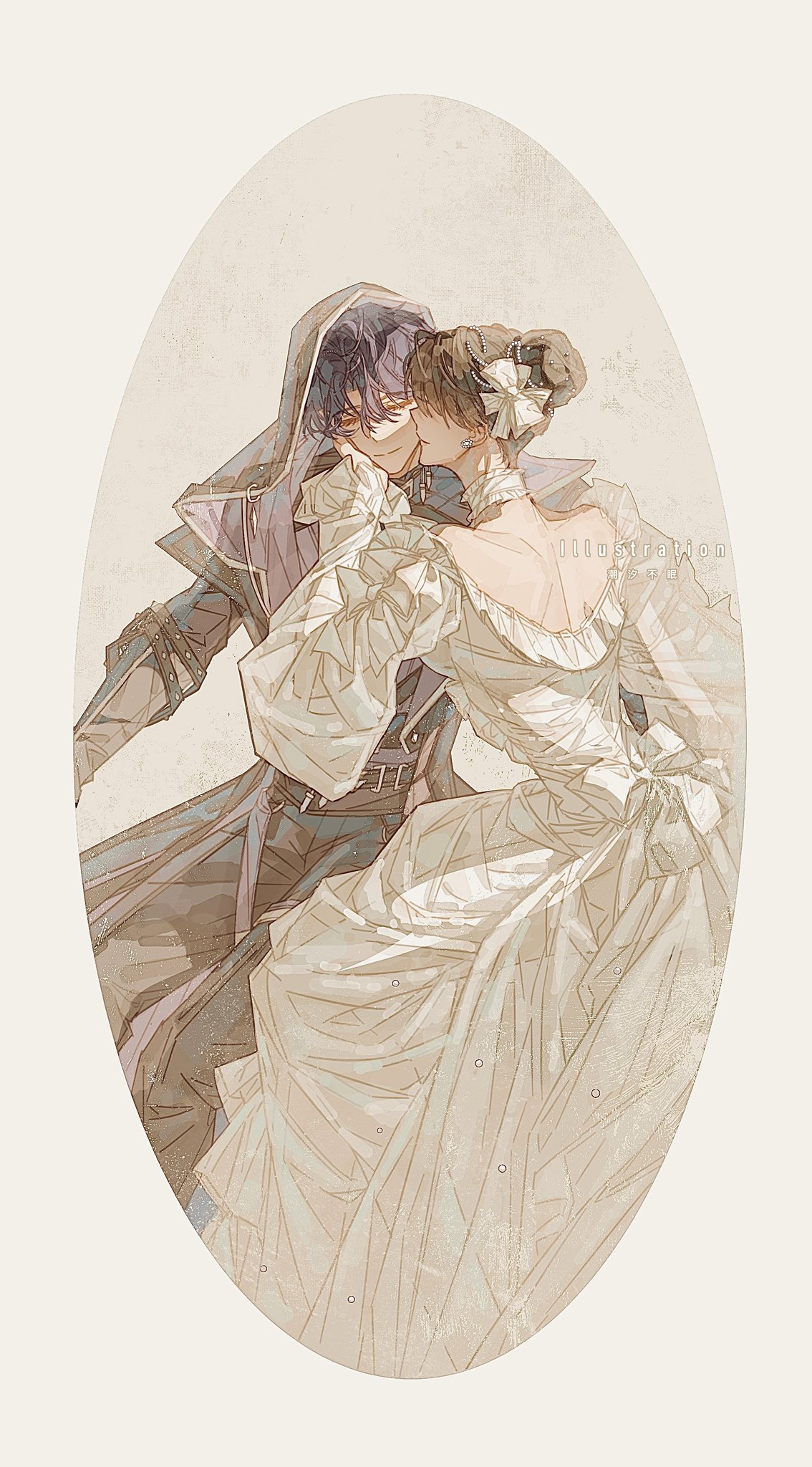 1boy, 1girl, bow, brown_hair, chaoxibumian, couple, detached_collar, dress