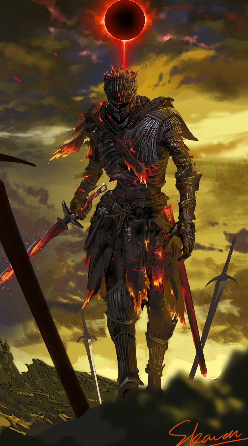 1other, absurdres, armor, black_sun, burning_clothes, chinese_commentary, commentary_request, dark_souls_(series)