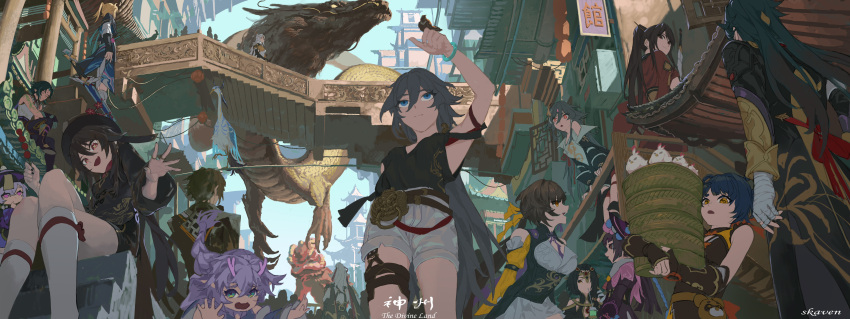 4boys, 6+girls, absurdres, against_railing, arm_tattoo, bailu_(honkai:_star_rail), bandaged_arm, bandaged_hand