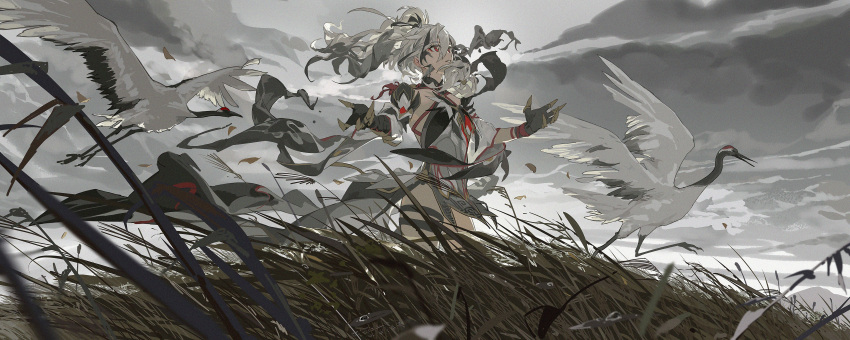 1girl, absurdres, bird, black_choker, black_gauntlets, black_hair, bright_pupils, chinese_commentary