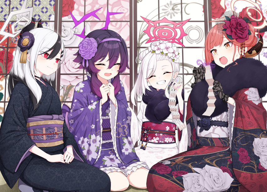4girls, absurdres, aru_(blue_archive), aru_(new_year)_(blue_archive), black_hair, black_horns, black_kimono, black_nails