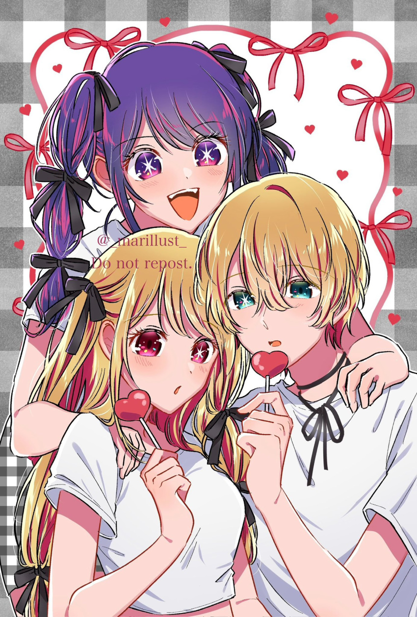 1boy, 2girls, aged_up, aqua_eyes, black_ribbon, breasts, brother_and_sister, candy