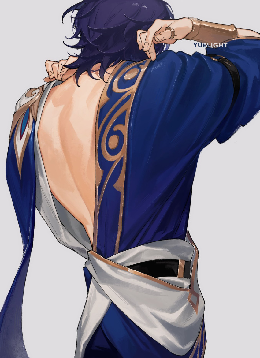 1boy, ancient_greek_clothes, arm_strap, arms_up, artist_name, back, backless_outfit, belt