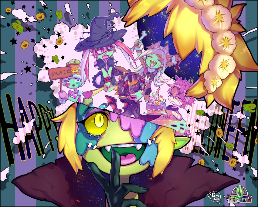 3boys, 3girls, black_hat, blonde_hair, bone, broom, broom_riding, cactus