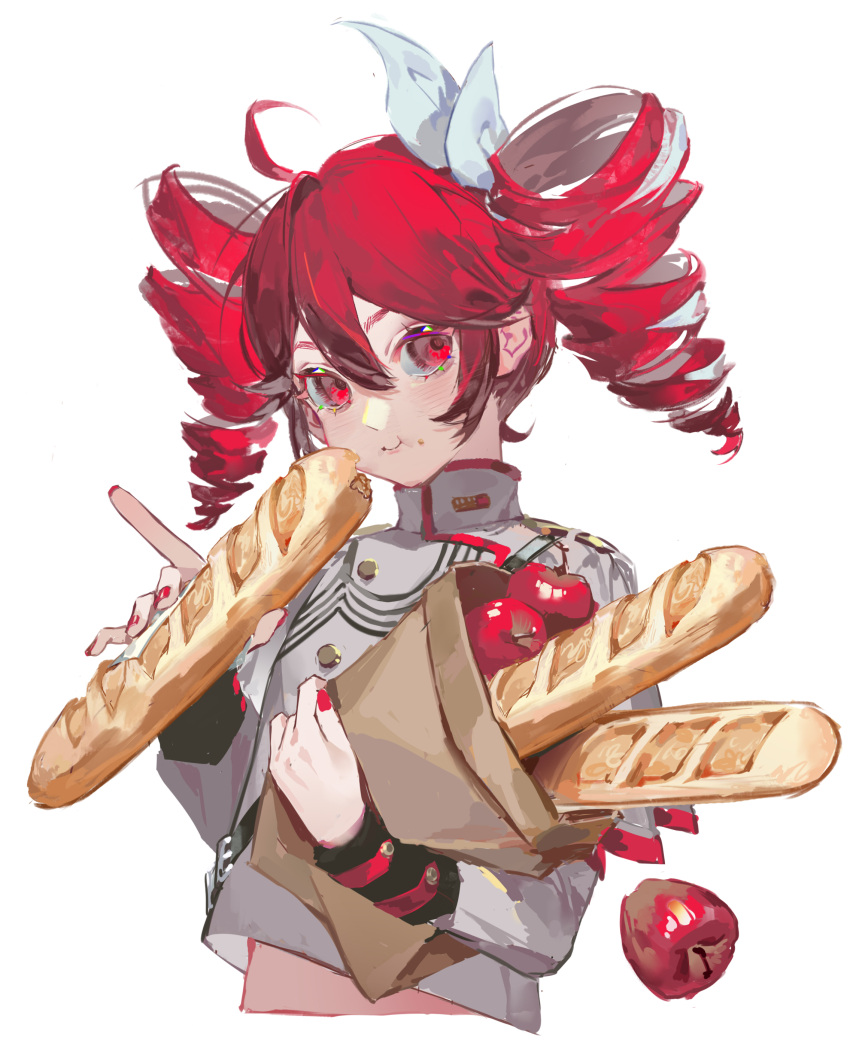 1girl, absurdres, ahoge, apple, bag, blush, bread, drill, drill_hair, eating, eyelashes, fingernails, food, food_on_face, fruit, highres, holding, holding_food, jacket, kako_(pixiv77158173), kasane_teto, kasane_teto_(sv), long_sleeves, looking_at_viewer, nail_polish, paper_bag, red_eyes, red_nails, redhead, simple_background, single_hair_intake, smile, solo, twin_drills, twintails, utau, white_background