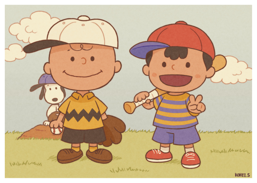 2boys, animal_ears, artist_name, bald, ball, baseball, baseball_bat, baseball_cap