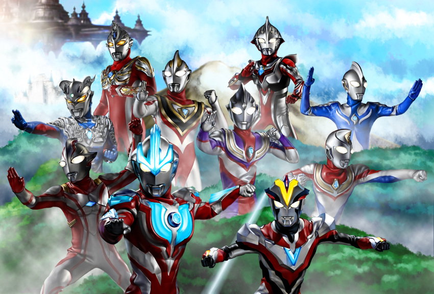 6+boys, alien, blue_bodysuit, bodysuit, castle, clouds, cloudy_sky, color_timer