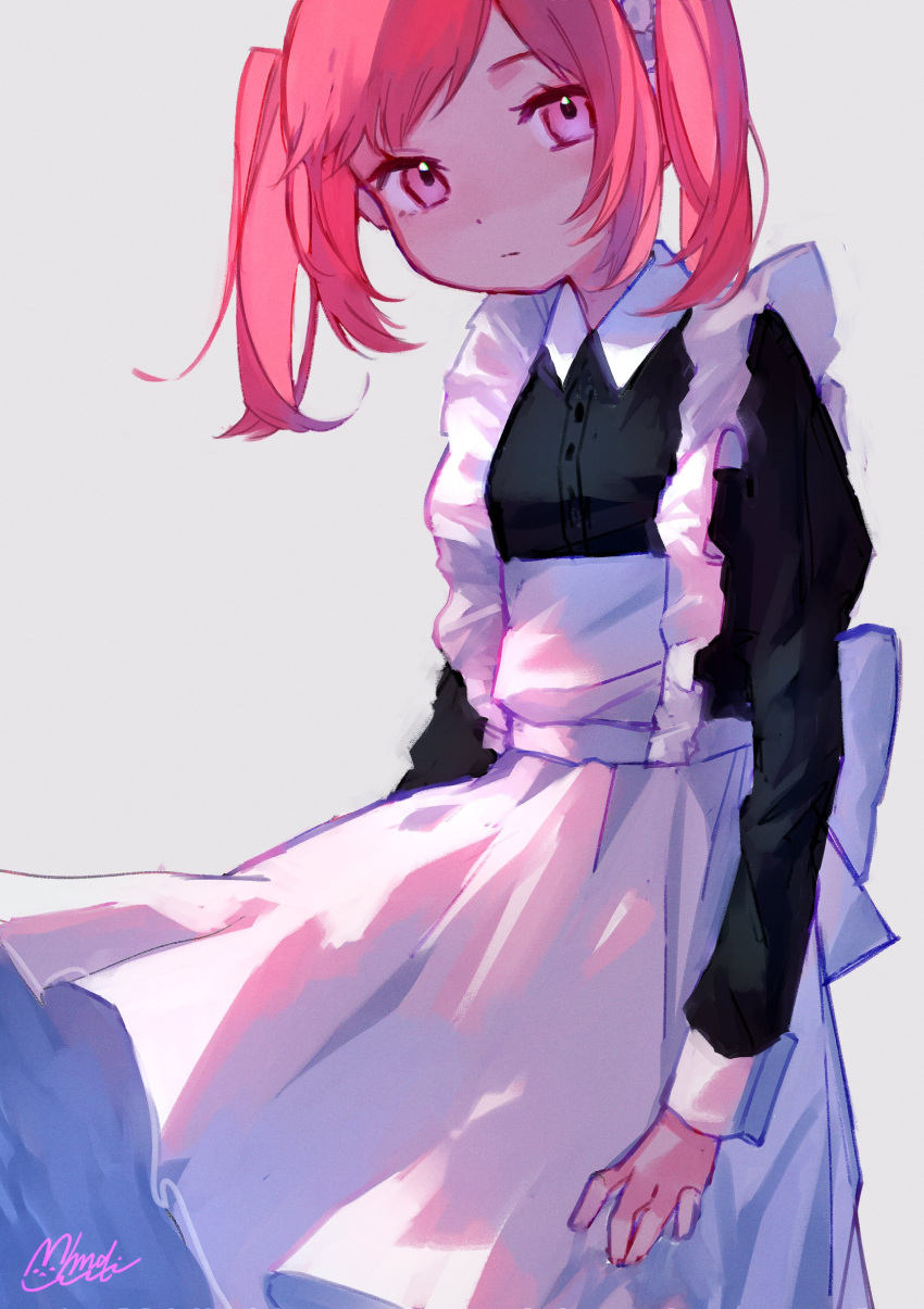 1girl, apron, arms_at_sides, black_dress, closed_mouth, collared_dress, dress, expressionless, grey_background, highres, long_sleeves, looking_at_viewer, maid_apron, mihanada_mui, original, pink_eyes, pink_hair, signature, simple_background, solo, standing, twintails