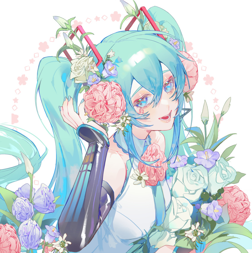 1girl, absurdres, bare_shoulders, black_gloves, blue_eyes, blue_hair, blue_necktie, blue_trim, collared_shirt, crossed_bangs, elbow_gloves, eyelashes, facial_tattoo, fingerless_gloves, flower, flower_ornament, gloves, hair_between_eyes, hair_flower, hair_ornament, headphones, highres, kako_(pixiv77158173), leaf, lips, long_hair, looking_at_viewer, necktie, number_tattoo, open_mouth, pink_flower, purple_flower, rose, shirt, sidelocks, solo, tattoo, teeth, tongue, twintails, upper_body, very_long_hair, vocaloid, white_background, white_flower, white_rose, white_shirt
