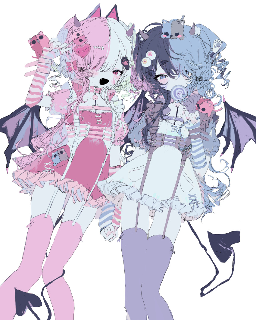 2girls, absurdres, animal_ears, bat_wings, bell, black_hair, blue_eyes, blue_hair