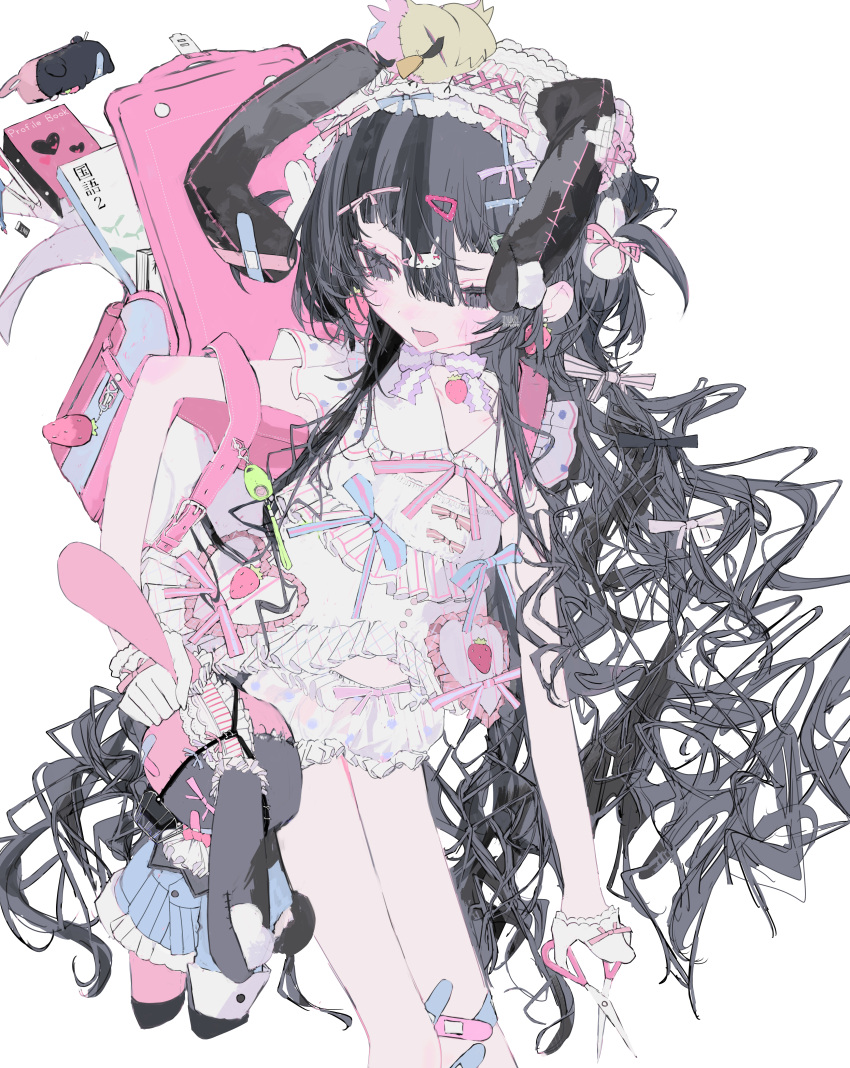 1girl, absurdres, backpack, bag, black_hair, bow, highres, holding, holding_scissors, jirai_kei, long_hair, original, patchwork_clothes, randoseru, scissors, shibakure_inuwo, stuffed_toy
