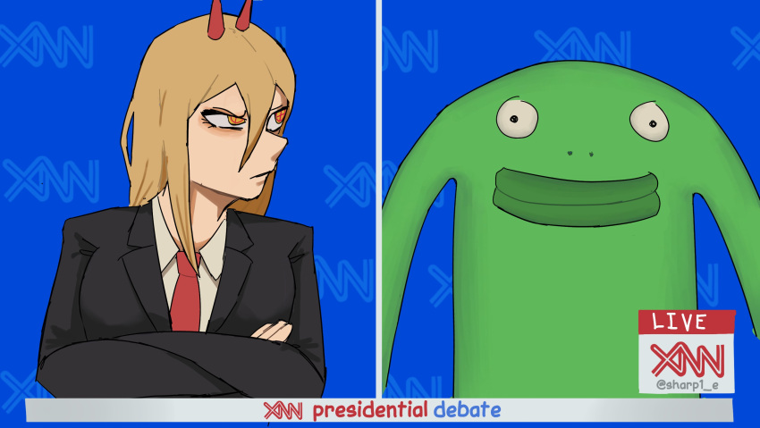 1boy, 1girl, black_jacket, black_suit, blonde_hair, brand_name_imitation, business_suit, chainsaw_man