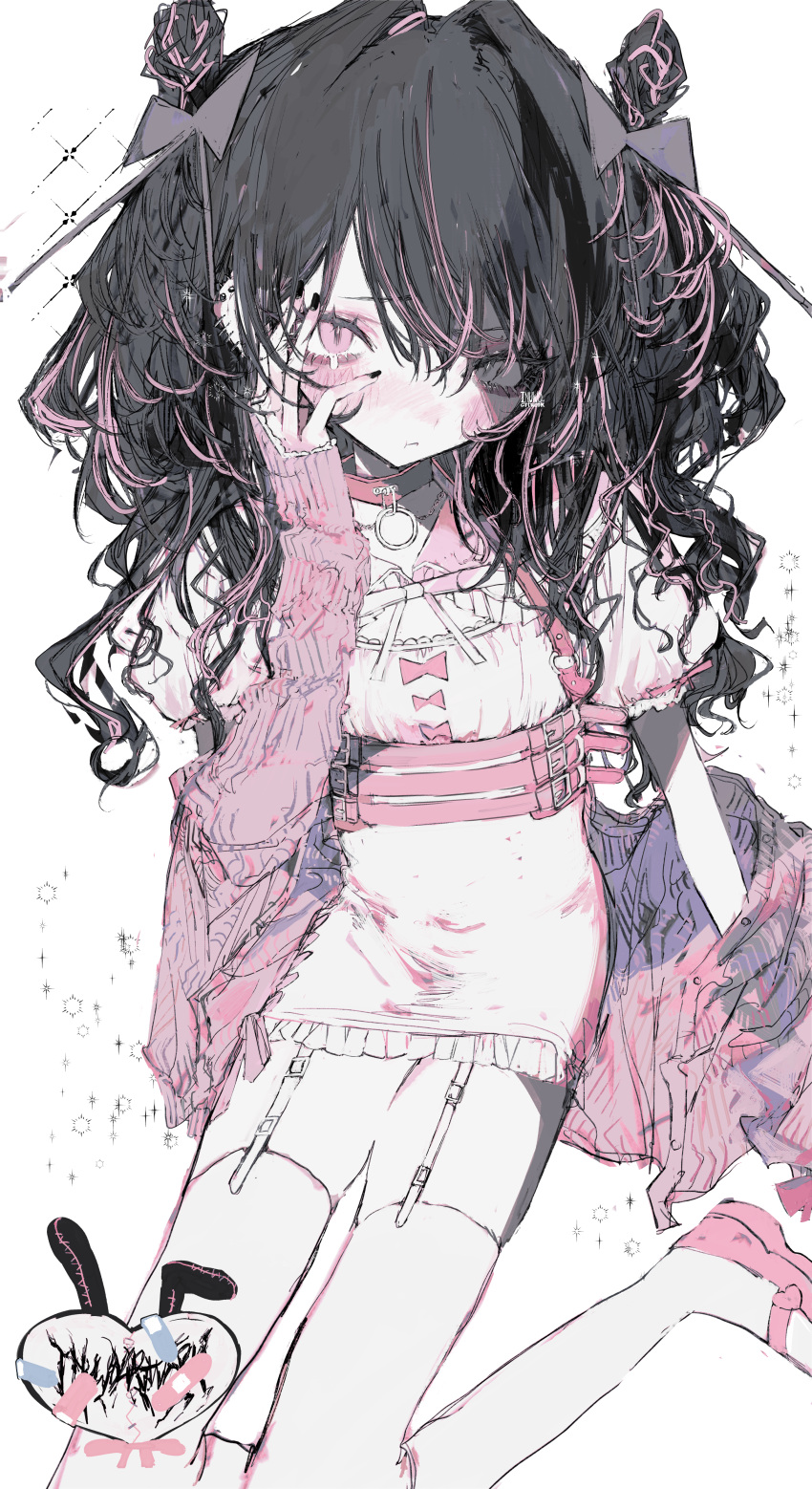 1girl, absurdres, black_hair, collar, feet, garter_straps, high_heels, highres