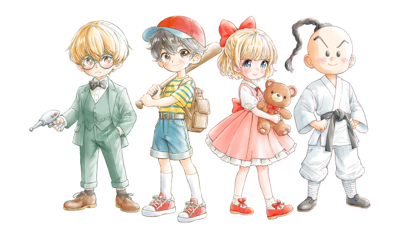1girl, 3boys, absurdres, back_ribbon, backpack, bag, baseball_bat, baseball_cap, belt, black_belt, black_bow, black_bowtie, black_footwear, black_hair, black_socks, blonde_hair, blue_eyes, blue_stripes, bow, bowtie, braid, brown_eyes, brown_footwear, collared_shirt, dougi, dress, footwear_bow, frilled_shirt, frills, hair_ribbon, hat, high_ponytail, highres, holding, holding_baseball_bat, holding_ray_gun, holding_stuffed_toy, jeff_andonuts, leather_footwear, medium_hair, momo_oddeye, mother_(game), mother_2, mouse_(animal), multiple_boys, ness_(mother_2), paula_(mother_2), pink_dress, pink_ribbon, poo_(mother_2), red_footwear, ribbon, serious, shirt, short_hair, smile, socks, solid_circle_eyes, striped_clothes, striped_shirt, stuffed_animal, stuffed_toy, suit, teddy_bear, two-tone_shirt, vertical-striped_clothes, vertical-striped_shirt, white_shirt, white_socks, yellow_shirt