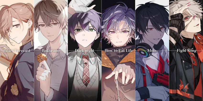 6+boys, absurdres, bandaged_hand, bandages, black_hair, black_shirt, black_suit, black_wristband
