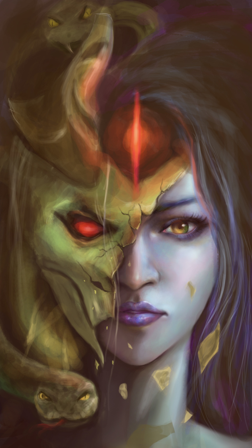 1girl, broken_mask, close-up, closed_mouth, darksaga, dota_(series), dota_2, english_commentary, eyeliner, gem, glowing, highres, lips, lipstick, looking_at_viewer, makeup, mask, medusa_(dota_2), purple_hair, purple_lips, red_eyes, snake, solo, teeth, upper_body, upper_teeth_only, yellow_eyes