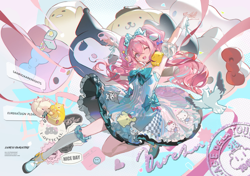 1girl, ;d, absurdres, arknights, arms_up, beret, black_hat, blue_bow