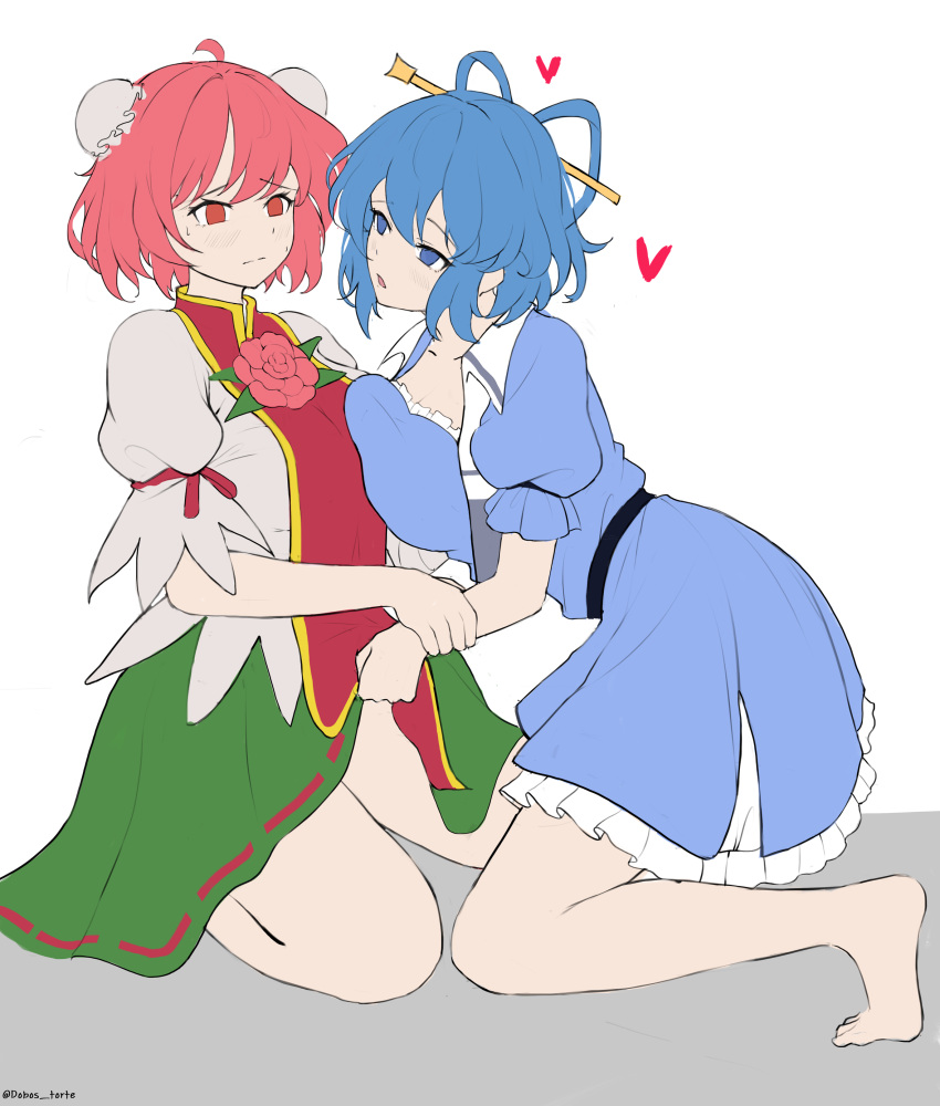 2girls, absurdres, ahoge, barefoot, blue_dress, blue_eyes, blue_hair, breast_press