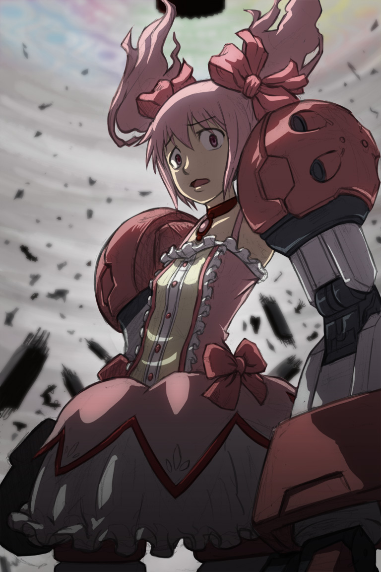 1girl, bow, bubble_skirt, choker, commentary_request, debris, dress, duplicate