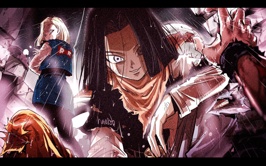 1girl, 2boys, android_17, android_18, bandana, black_hair, blonde_hair, blue_eyes
