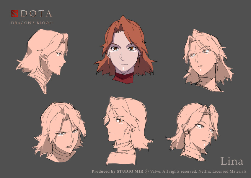 1girl, absurdres, character_name, closed_mouth, commentary, concept_art, dota:_dragon's_blood, dota_(series), dota_2, english_commentary, highres, insujoart, lina_(dota), long_hair, looking_at_viewer, multiple_views, official_art, open_mouth, orange_eyes, orange_hair, production_art, smile, solo, upper_body