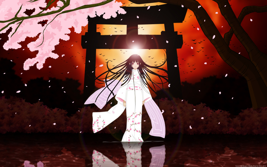 black_hair, cherry_blossoms, enma_ai, etoo_miyuki, japanese_clothes, jigoku_shoujo, kimono, petals, red_eyes, water