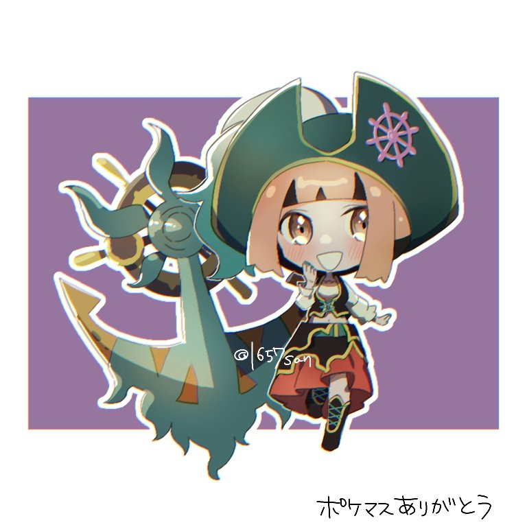 1657san, 1girl, :d, black_hair, blunt_bangs, blush, chibi, dhelmise