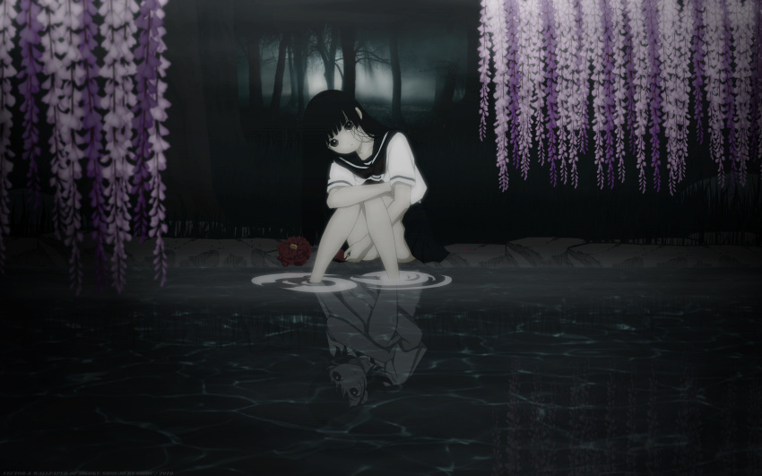 black_hair, enma_ai, etoo_miyuki, flower, jigoku_shoujo, mikage_yuzuki, red_eyes, seifuku