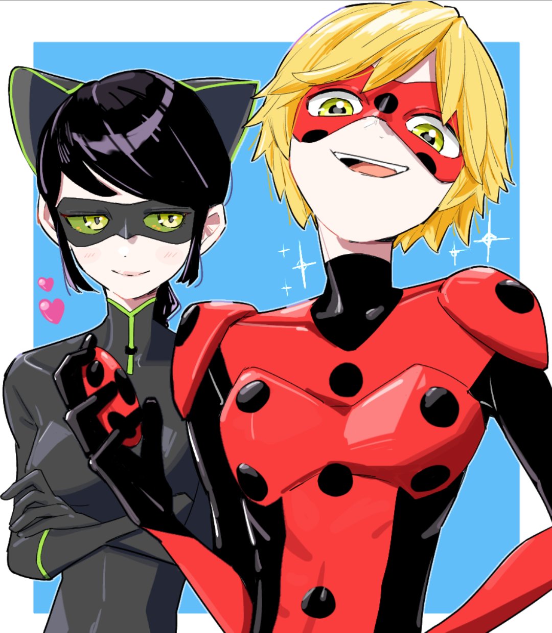 1boy, 1girl, adrien_agreste, animal_ears, black_bodysuit, black_hair, black_mask, blonde_hair