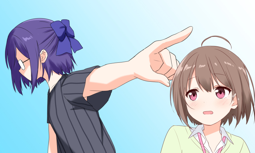 2girls, a-chan_(2nd_costume)_(hololive), a-chan_(hololive), ahoge, black_shirt, blue_background, blue_bow, blue_hair