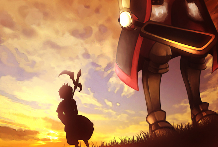 2boys, armor, character_request, clouds, commentary_request, dusk, facing_away, grass