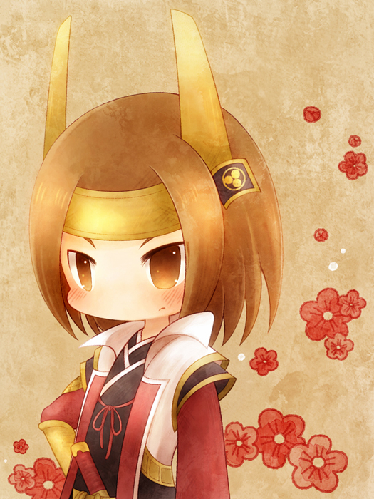 1boy, arm_at_side, blush, brown_background, brown_eyes, brown_hair, closed_mouth, flower