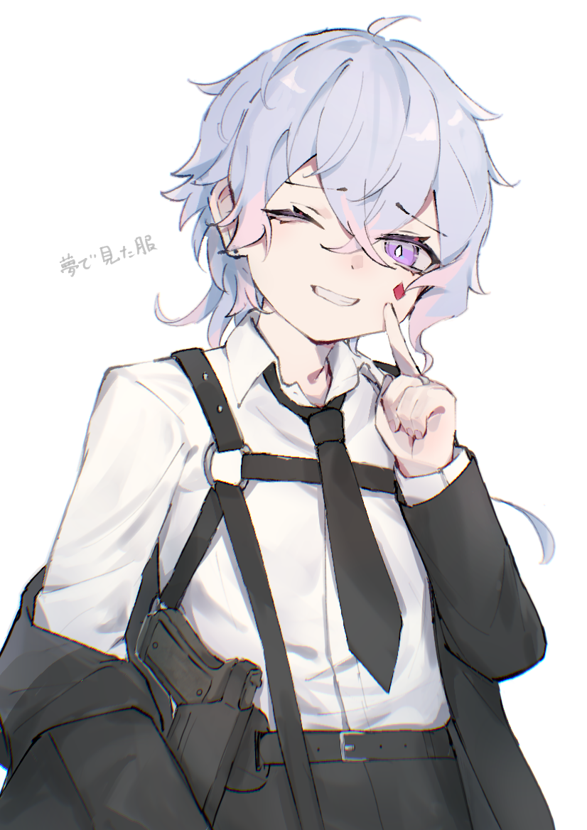 1boy, black_jacket, black_necktie, black_pants, collared_shirt, commentary_request, cowboy_shot, crossed_bangs