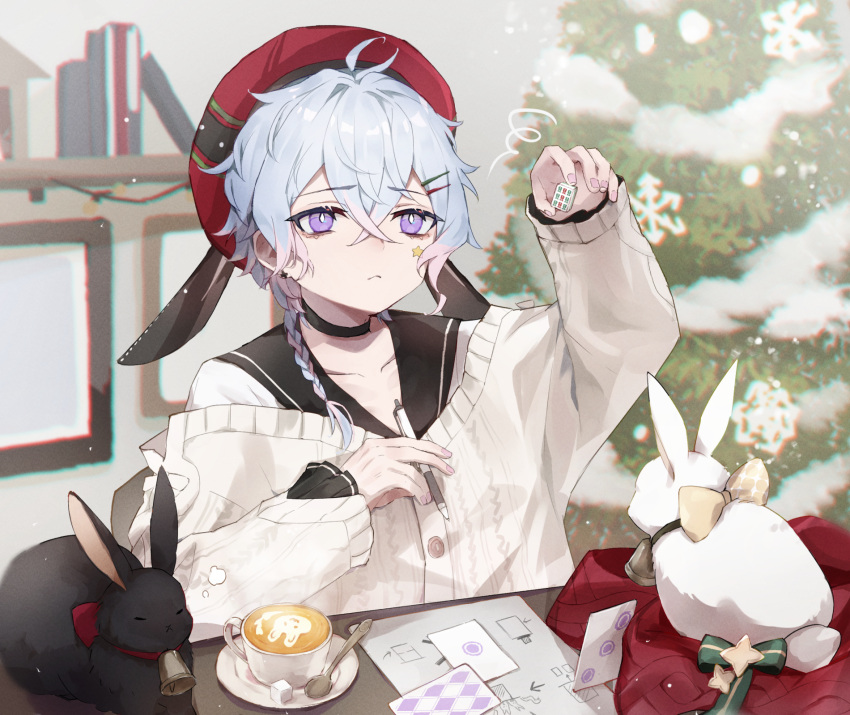 1boy, beret, black_sailor_collar, braid, cappuccino, card, closed_mouth, commentary_request