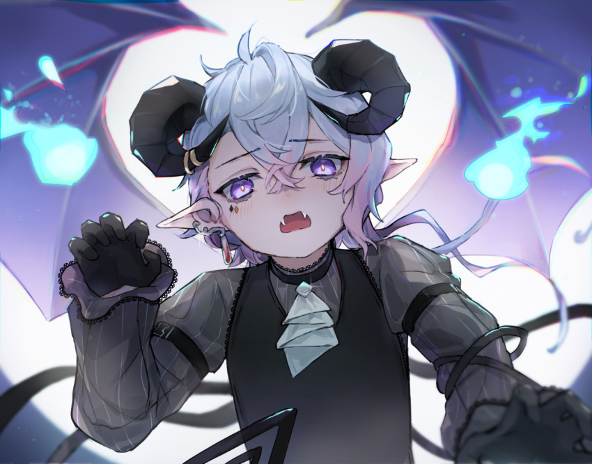 1boy, ascot, black_gloves, black_horns, black_vest, blue_fire, commentary_request, crossed_bangs