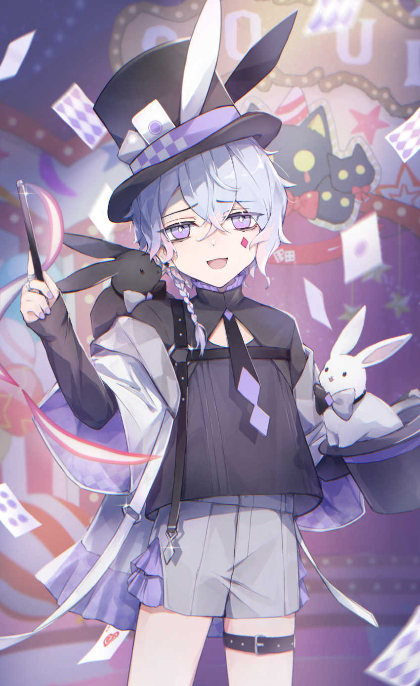 1boy, absurdres, animal_ears, belt, black_belt, black_necktie, black_shirt, card