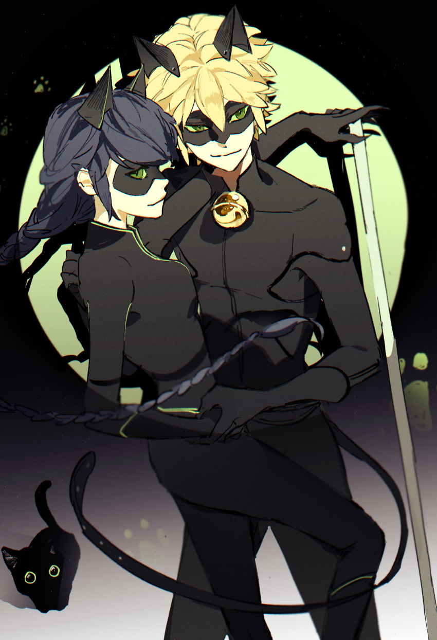 1boy, 1girl, absurdres, adrien_agreste, animal_ears, bell, black_bodysuit, black_cat