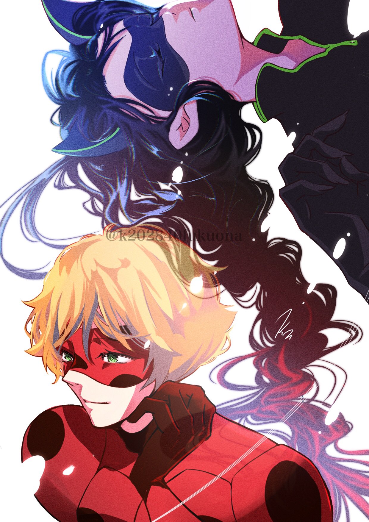 adrien_agreste, animal_ears, black_bodysuit, black_hair, black_mask, blonde_hair, bodysuit, cat_ears